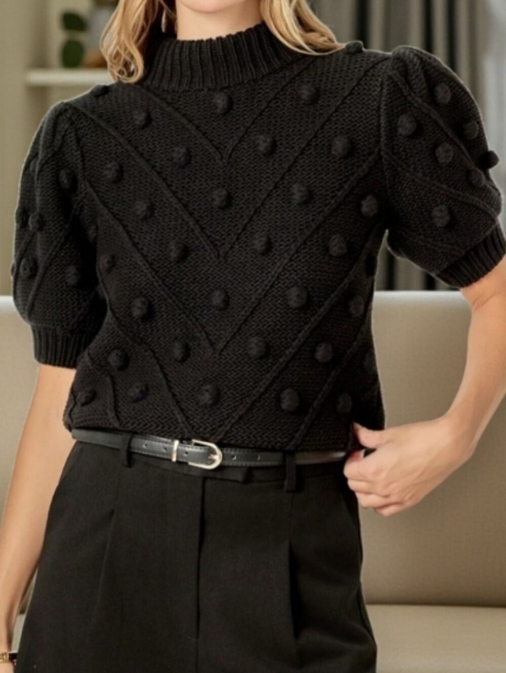 English Factory Black Pom Pom Puff Sleeve Chunky Knit Women's Sweater Sz XS